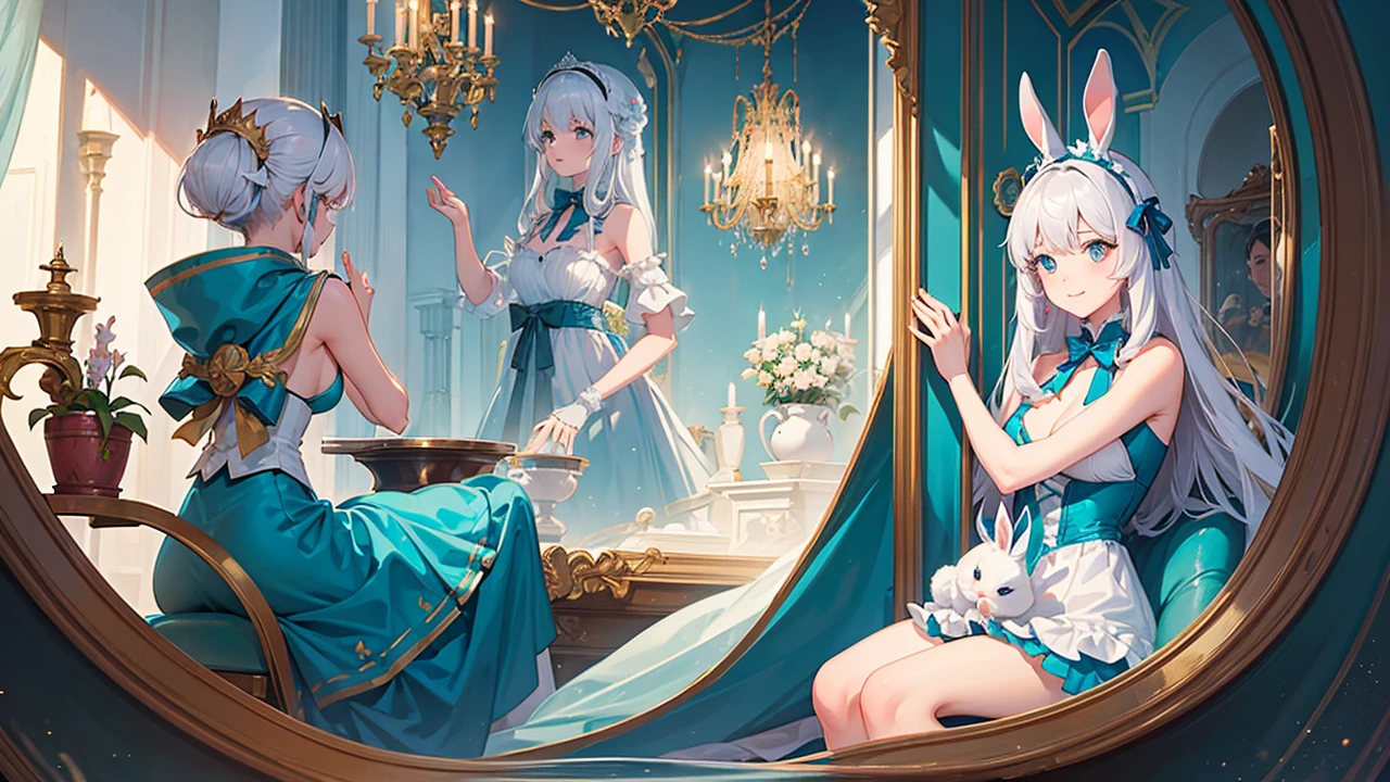 The girl happily plays with the little rabbit in the palace full of mirrors