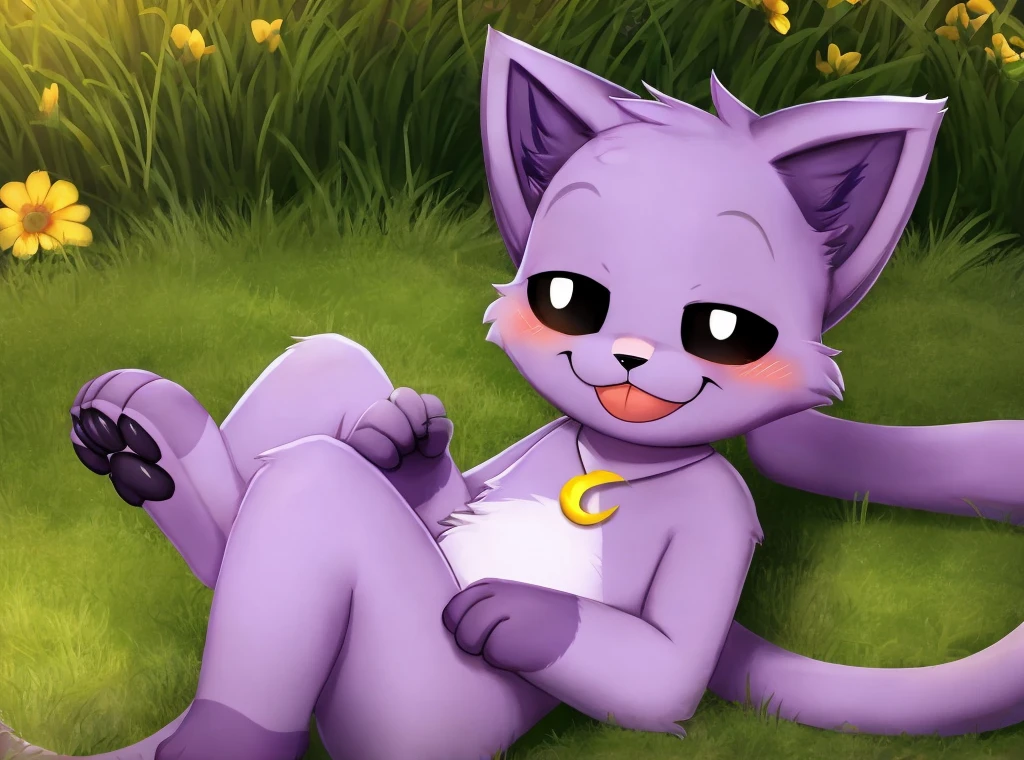  beautiful background, detailed background, grass, three-quarter view, 
BREAK, 
 Baby Catnap, in panties, laying on the ground, smile, blush, looking at viewer, cute, closed mouth, black eyes with white pupils, black mouth, (yellow crescent-shaped necklace), purple fur, great anatomy, long cat tail, pawspads