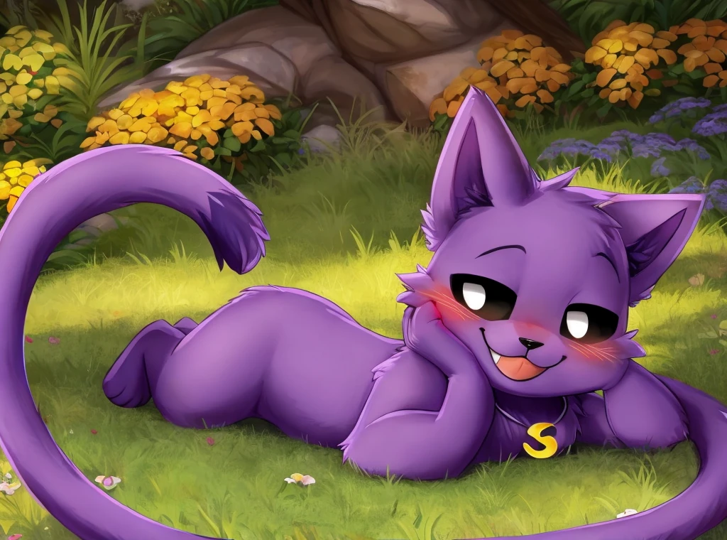  beautiful background, detailed background, grass, three-quarter view, 
BREAK, 
 Baby Catnap, in panties, laying on the ground, smile, blush, looking at viewer, cute, closed mouth, black eyes with white pupils, black mouth, (yellow crescent-shaped necklace), purple fur, great anatomy, long cat tail, pawspads