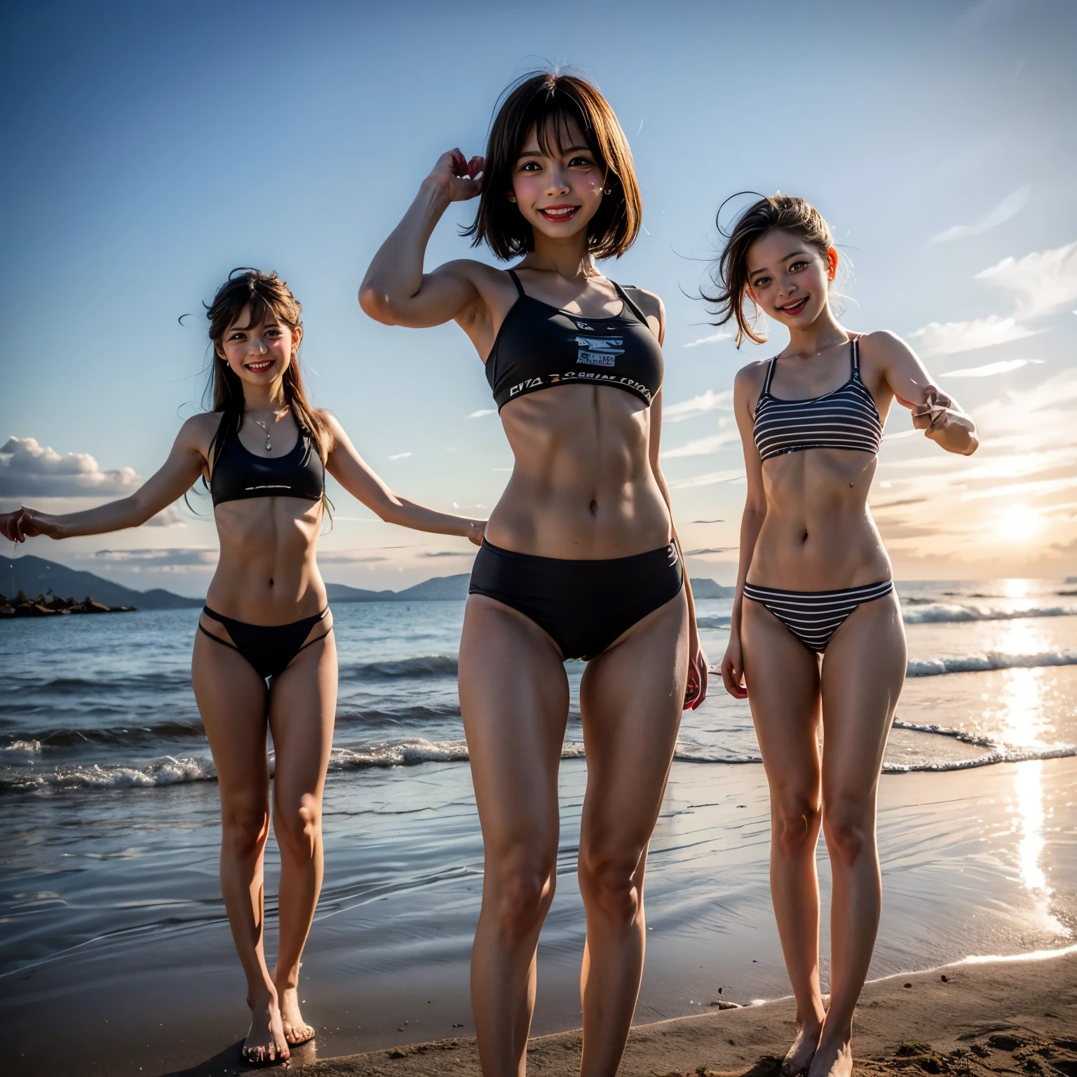 This is a photo from a slightly lower angle of the three beautiful sisters taken by the pool immediately after the gravure photo shoot., Her round eyes are slightly droopy., Eyebrows slope gently downward toward the eyes, K-POPアイドルのようなナチュラルメイクで彩られた美しい瞳. The woman on the far left has beautiful layered black hair., Combines elegant charm and beauty, and looks like he&#39;s in his late 20&#39;s. The woman in the middle has wavy hair.、sexy and young々full of new charm。. The woman on the far right、Beautiful hair with a mixture of multiple colors、Full of cute charm。. (((Three different sensual and sexy poses: 1.3))), ((Too small, wearing a colorful triangle bikini:1.3), A sparkling necklace adorns a sexy neckline, Trendy strap high heels give your feet a refreshing and attractive look., and she smiles with a confused expression.