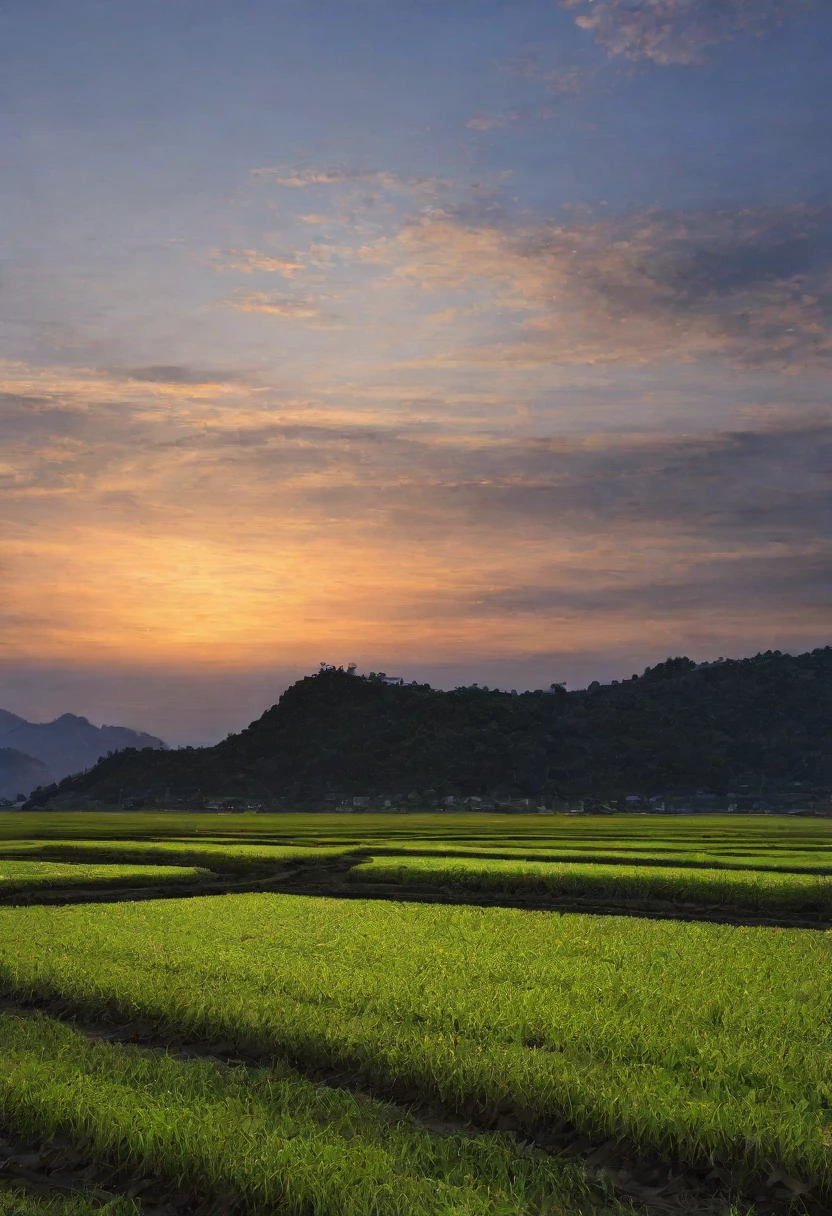 evening,Rural landscape,Azemichi,Paddy field,Highest quality, 8k, High resolution, masterpiece:1.2, Very detailed, Realistic:1.37, High resolution, 超High resolution, Very detailed, Professional, Vibrant colors