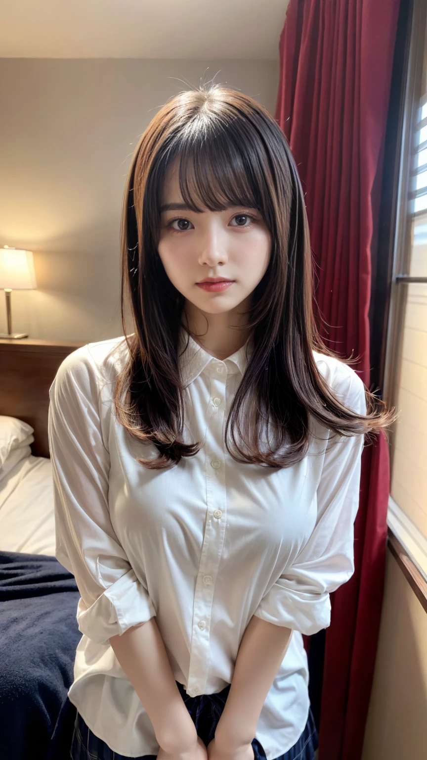 masterpiece, best quality, illustration, Super detailed, fine details, High resolution, 8K,wall paper, perfect dynamic composition,(Details High quality, realistic depiction of eyes:1.3), short bob hair,  (Oversized_Shirt:1.2)、Oversized_Shirt, ((facing viewer)), hotel room, Layered Cut, black hair color, Big Natural Color Lip, sexy pose, crying a little、Harajuku style、20 year old girl、cute type、lolita, hposing Gravure Idol, full body photo, huge breasts