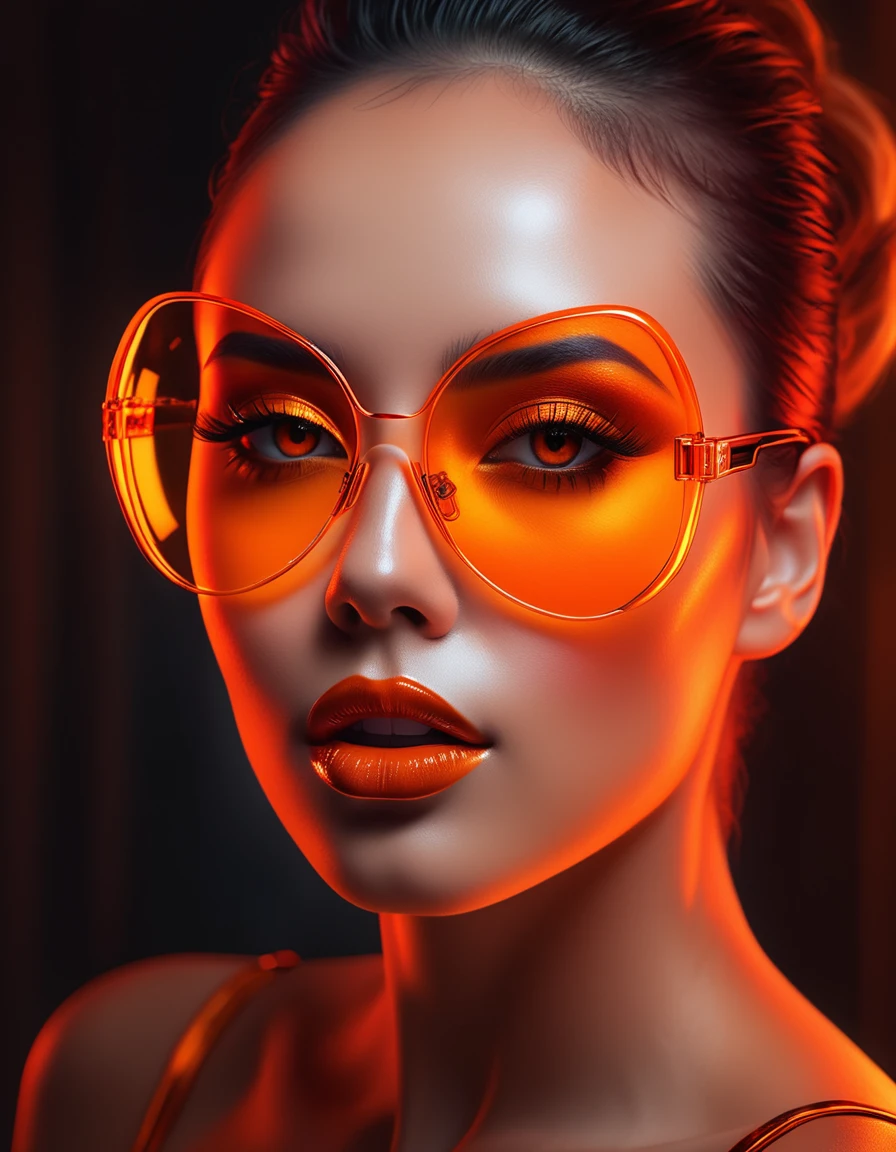 A full head image of a woman adorned with a black birthmark near her mouth and a glass shades, featuring beautiful digital artwork with red glowing skin, realistic digital art in 4K, seductive glowing sleepy orange eyes, and an 8K resolution. This stunning digital illustration showcases a glossy digital extreme realistic technique, a face aglow with an orange hue, complemented by an Artgerm bokeh effect, and a radiant red and orange glow.