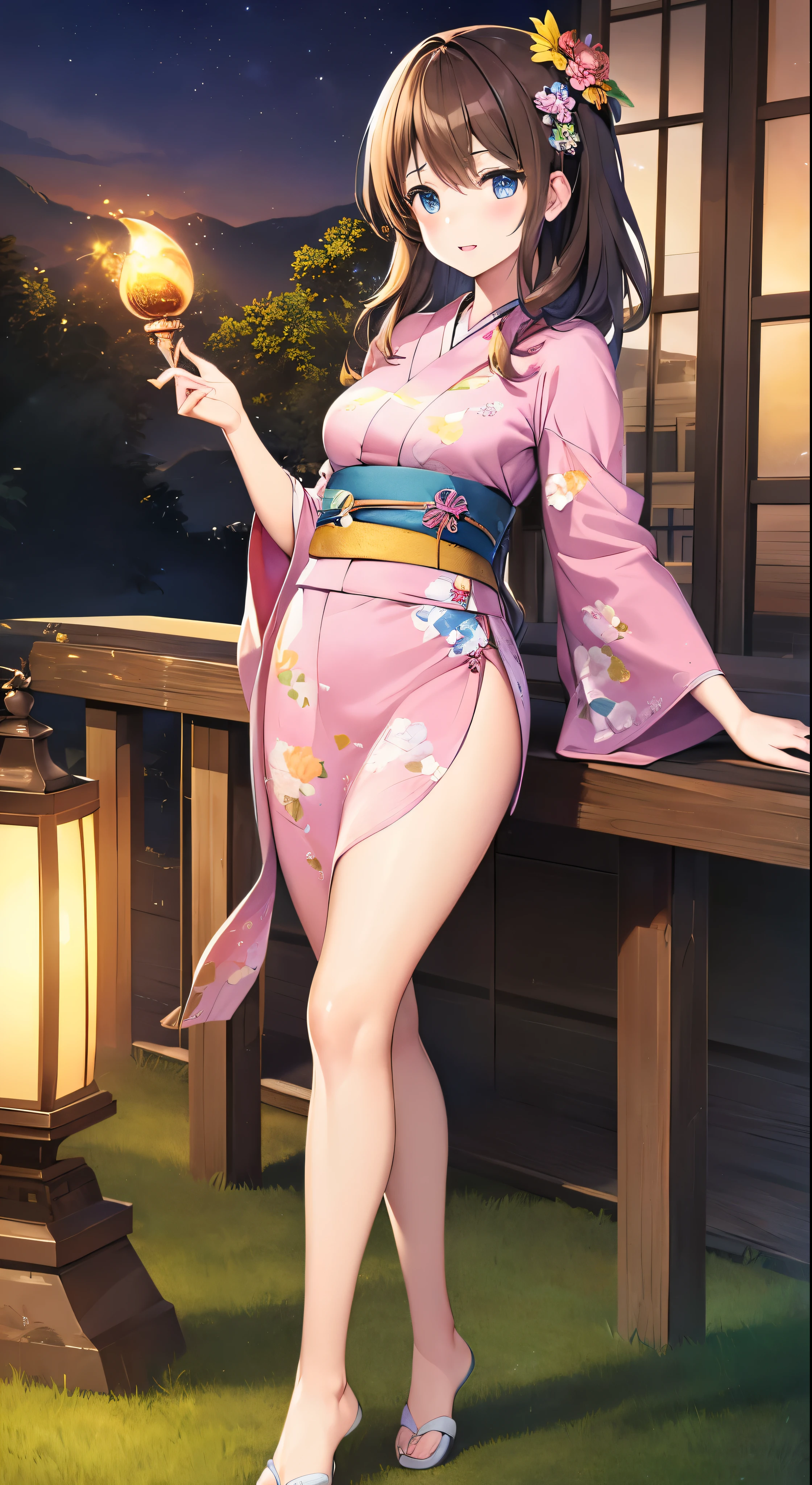 Highest quality、masterpiece、High resolution、1girl、Detailed face、(Full body high quality images:1.6)、In the moonlit forest、Mountains and Rivers、night、Firefly Light、Real、Rich in detail、(Pink floral yukata:1.2)、(Beautiful body:1.4)、with high definition images，