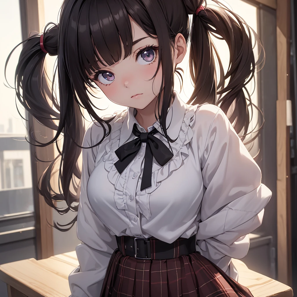(8K, Best Quality, Masterpiece, Ultra High Resolution) 1Girl, Young, , High School Student, Beautiful Eyes, Face Details, Dark Hair, Long Hair, Straight Pigtails, Hazel Eyes, Pale Skin, Dainty, Cute, Blouse, Plaid Skirt, Dark Outside, Best Quality, Upper Body, Looking at the Viewer, Facing Viewer, Close Up