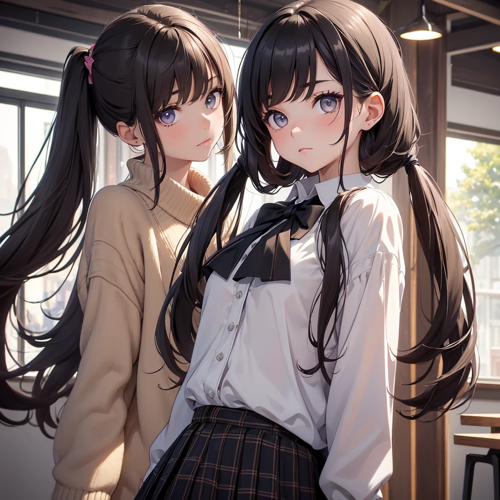 (8K, Best Quality, Masterpiece, Ultra High Resolution) 1Girl, Young, Teen, High School Student, Beautiful Eyes, Face Details, Dark Hair, Long Hair, Straight Pigtails, Hazel Eyes, Pale Skin, Dainty, Cute, Blouse, Plaid Skirt, Dark Outside, Best Quality, Upper Body, Looking at the Viewer, Facing Viewer, Close Up