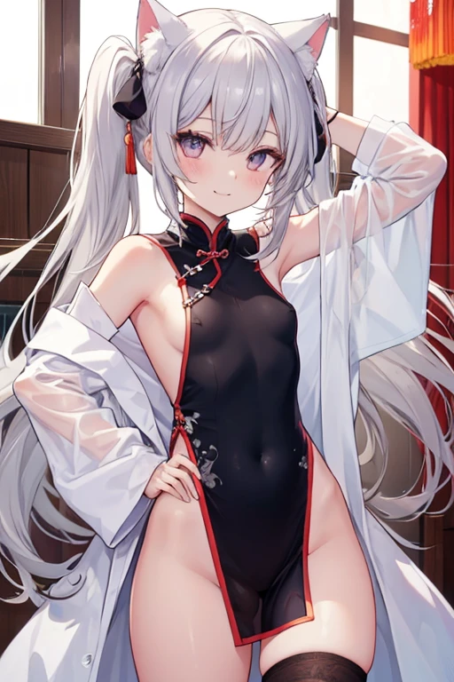Silver Hair，Silver Eyes，Cat ears，girl，Girl，Small breasts，Long Hair，Twin tails，ta，Small breasts，Bright smile，Looks like 13 yan Musume，short，目のhighlight，Sexy thighs，Attractive thighs，Please show me your armpits，Exposing the vagina，Show me your vagina，No underwear，No underwear，Your eyes are so beautiful，highlight，とても美しいhighlight，Chinese clothing，Chinese restaurant，(Completely naked)，(Nearly naked）