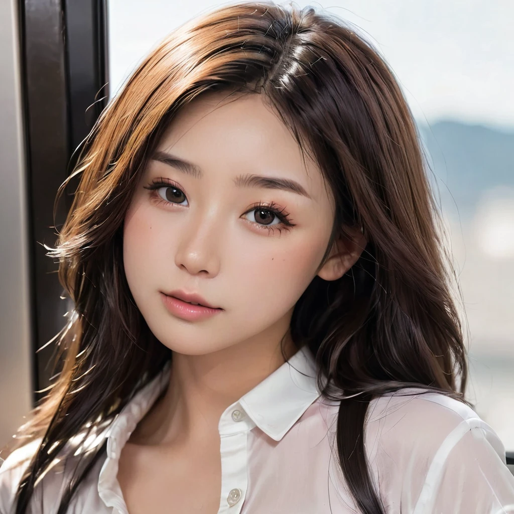 NSFW, (Japanese actress、Kasumi Arimura:1.4), (Kasumi Arimura face detailed:1.4), cowboy shot, Gal Makeup, POV Involving the male viewer's own body, (You are a lovely girl and will surely answer all your requests, Very erotic atmosphere, She raises her arms and puts her arms around your shoulders, the viewer, and hugs you POV), You looking down on her from above as she faces you in an erotic atmosphere against the train window and hugs you tightly as she presses her breasts against your chest, Very erotic tongue and glossy erotic lips, (Masterpiece, Super photo realistic, Super realistic details, Super Highest Quality, Super Highest Quality), super cute and beautiful girl, You are male professional photographer, Japanese gal, For dark brown eyes, Pink highlight hair color, Pink ribbon, gal make-up, False eyelashes, Pearl pink lips, (Very open front shirt:1.3), Cleavage that seems to be about to spill out from a shirt that is about to be ripped off, big open mouth, (brown eyes:1.4), big round chest, BREAK, (Half down two side up very long hair style:1.4), very cute , Mischievous smile, evil smile, (One-sided skin fangs:1.2), realistic cute Japanese girl, cleavage, half closed eyes, very big open mouth glossy tongue out, (tearful expression:1.4), orgasming, Display the effect of a body jolting and shaking, The shirt is open to the shoulders, Chin up close face focus,