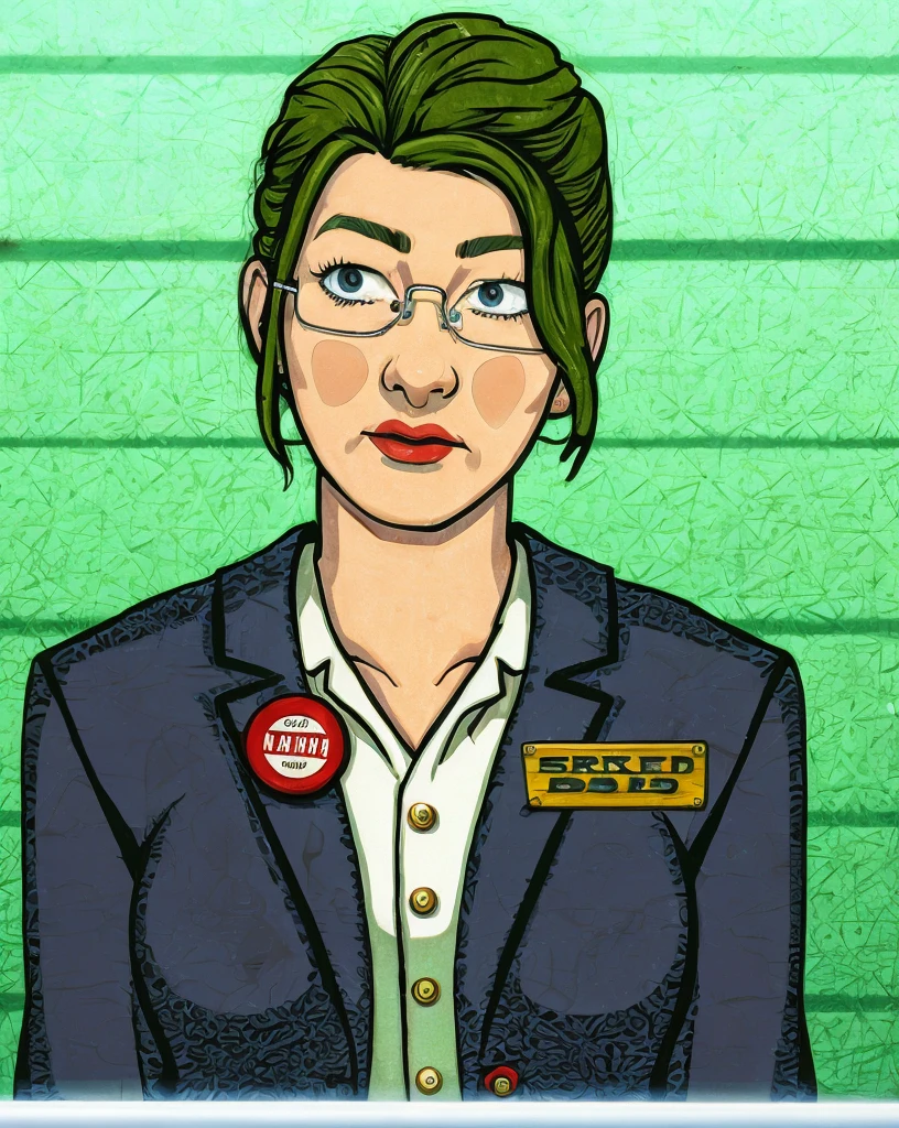 cartoon woman in a suit and glasses behind a desk with a sign, female lead character, female investigator, librarian, inspired by Janet Archer, amanda clarke, sil from species, pam from the office, female spy, by Melissa A. Benson, (highly detailed face:1.4) (smile:0.7) (background inside dark, moody, private study:1.3) POV, by lee jeffries, nikon d850, film stock photograph ,4 kodak portra 400 ,camera f1.6 lens ,rich colors ,hyper realistic ,lifelike texture, dramatic lighting , cinestill 800