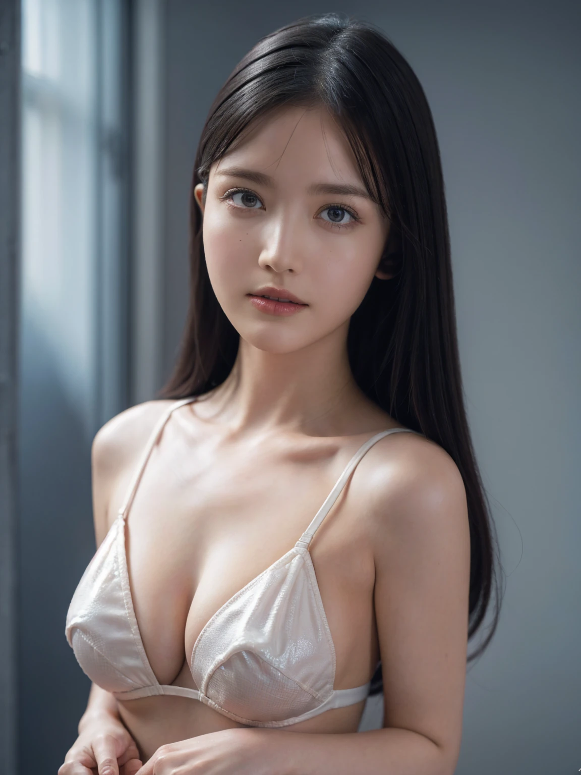 1girl, woman, masterpiece, best quality, highest quality, (Front light:1.3), (photorealistic:1.3), natural light, extremely detailed CG unity 8k wallpaper, focused, 8k wallpaper, extremely detailed, ultra realistic, photorealistic, sharp focus, absurdres, (HDR:1.2), (high contrast), photograph, detailed and intricate, instagram, portrait, highly detailed, digital painting, artstation, concept art, smooth, sharp focus, illustration, (whole body:1.5), (large breast), micro bra, ((looking at viewer))
