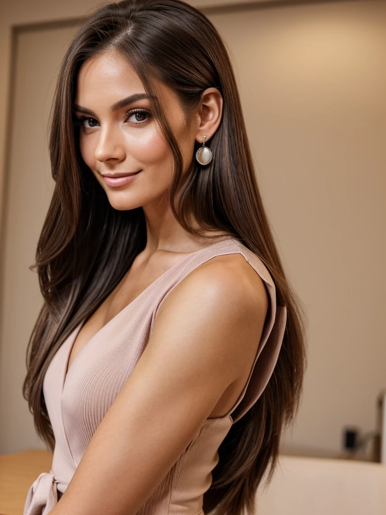 Create an image of a 25-year-old woman, hetero, with 1,75m tall and a highly defined body, at a business event. She is wearing an elegant dark-colored feminine suit, consisting of a fitted blazer and tailored trousers, that highlight your slender figure and toned muscles. Her light brown hair is tied up in a sophisticated bun., with a few loose strands framing your face. She&#39;s smiling professionally, with an expression of confidence and charisma. Your brown eyes are expressive and attentive, reflecting your intelligence and communication skills. Ao fundo, one can see a modern office environment, com mesas, chairs and co-workers talking. His posture is upright and elegant, with one hand holding a folder and the other resting at the side of the body. The image conveys a sense of professionalism, competence and charm, with woman standing out in a corporate environment.

Her face is a harmonious expression of beauty and strength. With oval shape, your cheekbones are pronounced, accentuating a sleek, symmetrical bone structure. Your eyes are big, a deep and expressive brown, reflecting your energetic and empathetic personality, MBTI ENFJ characteristics. The eyebrows are well shaped, providing an expression that is always attentive and engaging. The nose is small and straight, adding a touch of delicacy to your appearance. The mouth is full, with plump, naturally pink lips, that curve into a confident and welcoming smile. The jaw is defined, stark, but softened by a feminine lightness. Their ears are proportional and well contoured, framed by long hair, smooth and light brown, that complements your elegant and sophisticated style. Every detail of your face reveals the perfect combination of charm, Intelligence and determination.