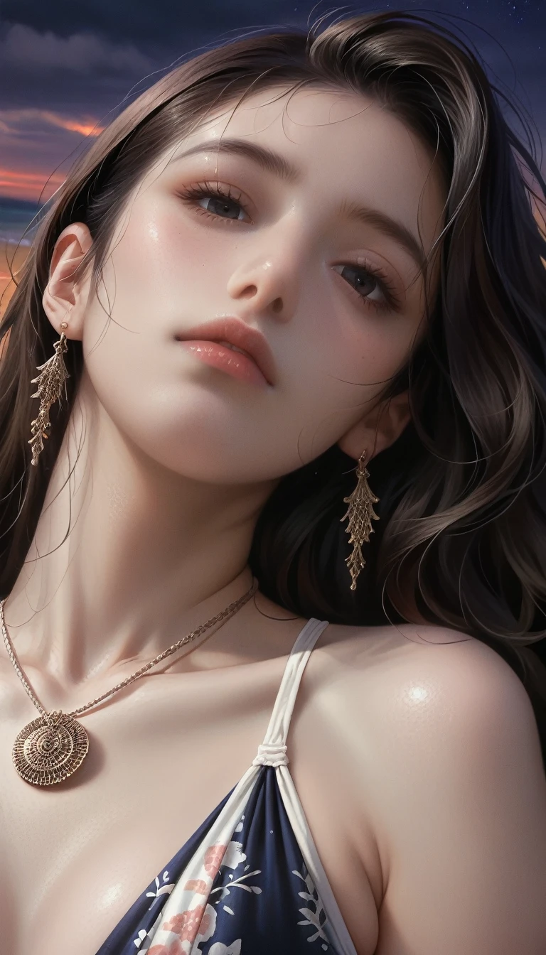 score_9, score_8_superior, score_7_superior, 
Masterpieces with up to 16K resolution,Highest quality,it is really amazing,Very detailed,Ultra-high resolution,Real,Realistic,Increased depth of field,Cinematic lighting, 
1 sexy japanese mature, 
Long black hair,Ultra-detailed and beautiful faces,Translucent white skin,Very detailedな肌の質感,Slender body,Anatomically correct body, 
(Elegant swimwear:1.2), 
Artistic design,Beautiful and detailed pattern,Detailed fabric texture, Gorgeous necklace,Earrings, 
(Coastal scenery at night:1.2), 
Dark Clouds,Dark Sky,delay々Continuing sandy beach, Deserted Beach,Dark sea surface, 
(Face close-up:1.2),