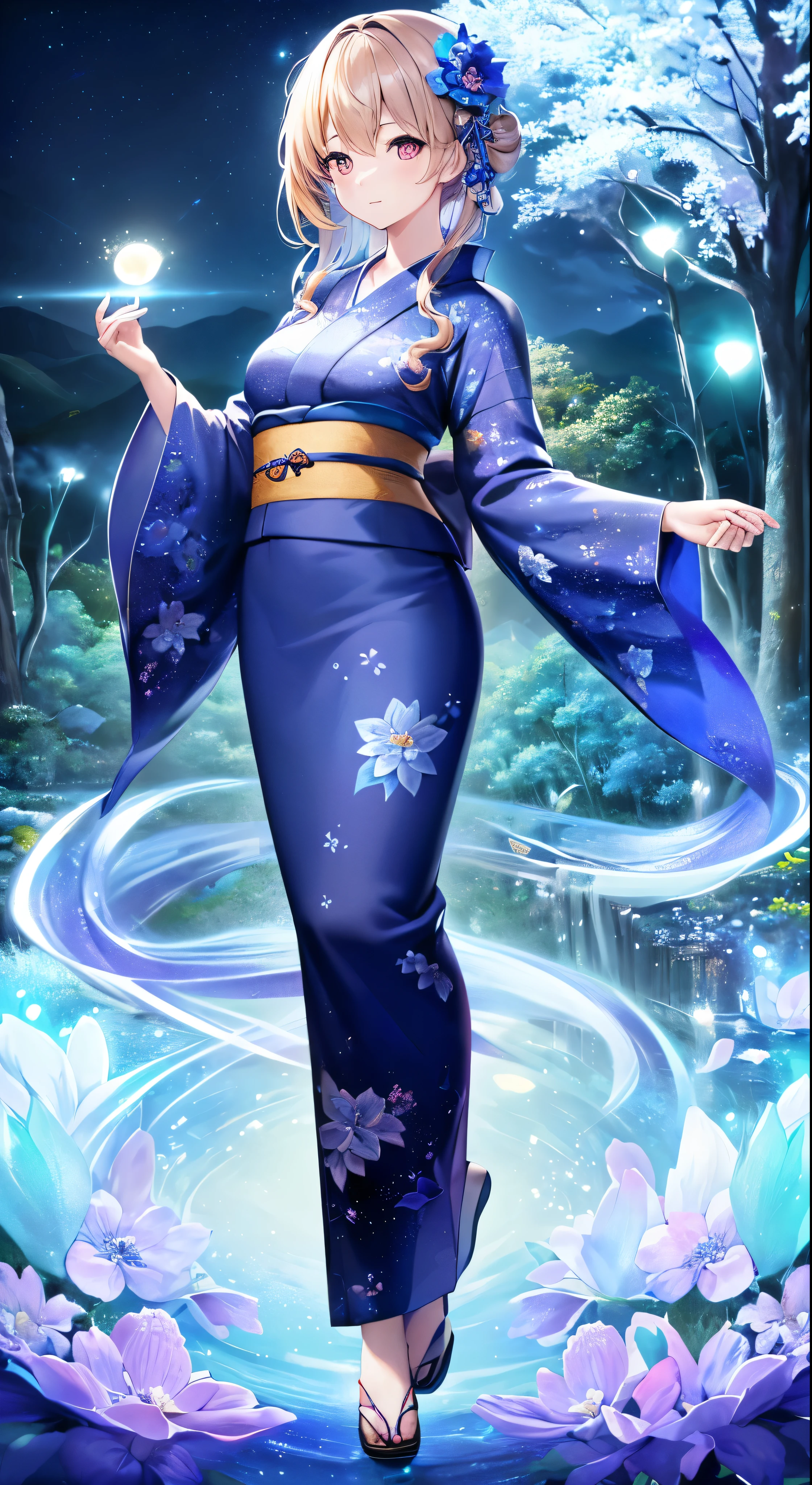 Highest quality、masterpiece、High resolution、1girl、Detailed face、(Full body high quality images:1.6)、In the moonlit forest、Mountains and Rivers、night、Firefly Light、Real、Rich in detail、(Blue floral yukata:1.2)、(Beautiful body:1.4)、with high definition images，