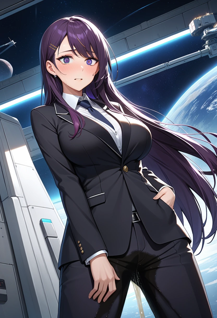 (high quality,Very detailed:1.37, High resolution), Woman, (mature:2.0), (Sakaki Yumiko:1.5), (very long hair:1.5), (dark purple hair:2.5), purple eyes, huge breasts, tuxedo, necktie, (sunglasses:1.5), (pants:1.5), (wetting herself:2.0), standing, embarrassed, humiliation, (constricted pupils:1.5), (sweating:1.5), shaking, (trembling:1.5), (blushing:1.5), Meticulous details, (extremely detailed eyes:1.37), space station, interior, science fiction, futuristic