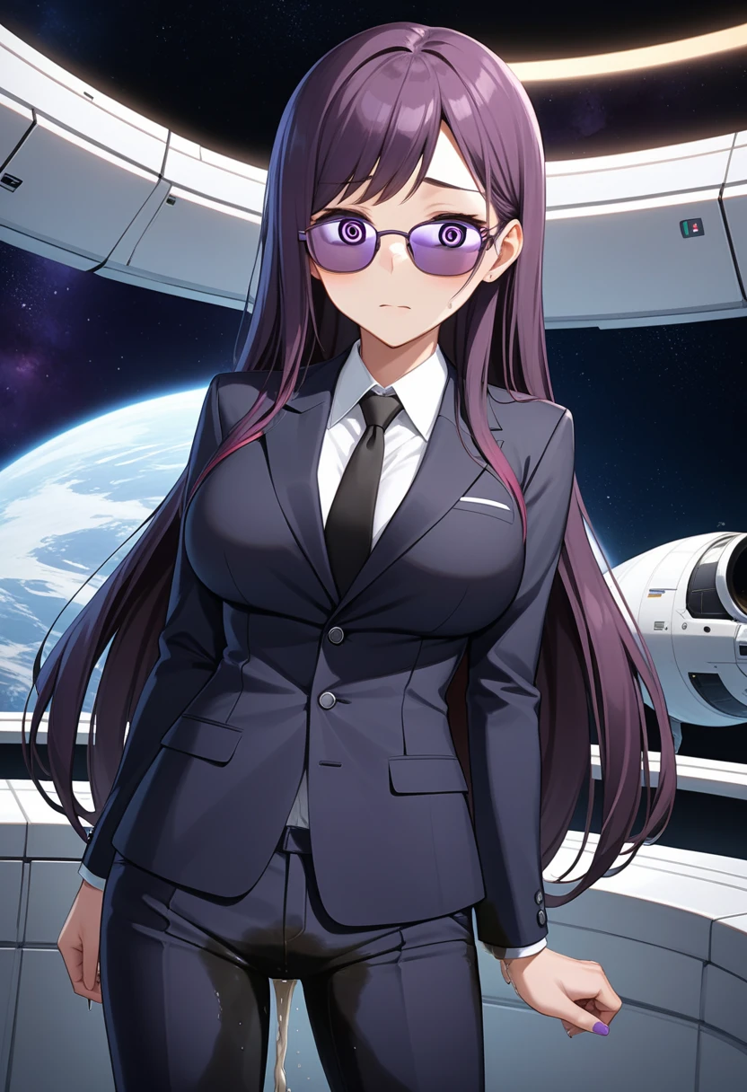 (high quality,Very detailed:1.37, High resolution), Woman, (mature:2.0), (Sakaki Yumiko:1.5), (very long hair:1.5), (dark purple hair:2.5), purple eyes, huge breasts, tuxedo, necktie, (sunglasses:1.5), (pants:1.5), (wetting herself:2.0), standing, embarrassed, humiliation, (constricted pupils:1.5), (sweating:1.5), shaking, (trembling:1.5), (blushing:1.5), Meticulous details, (extremely detailed eyes:1.37), space station, interior, science fiction, futuristic