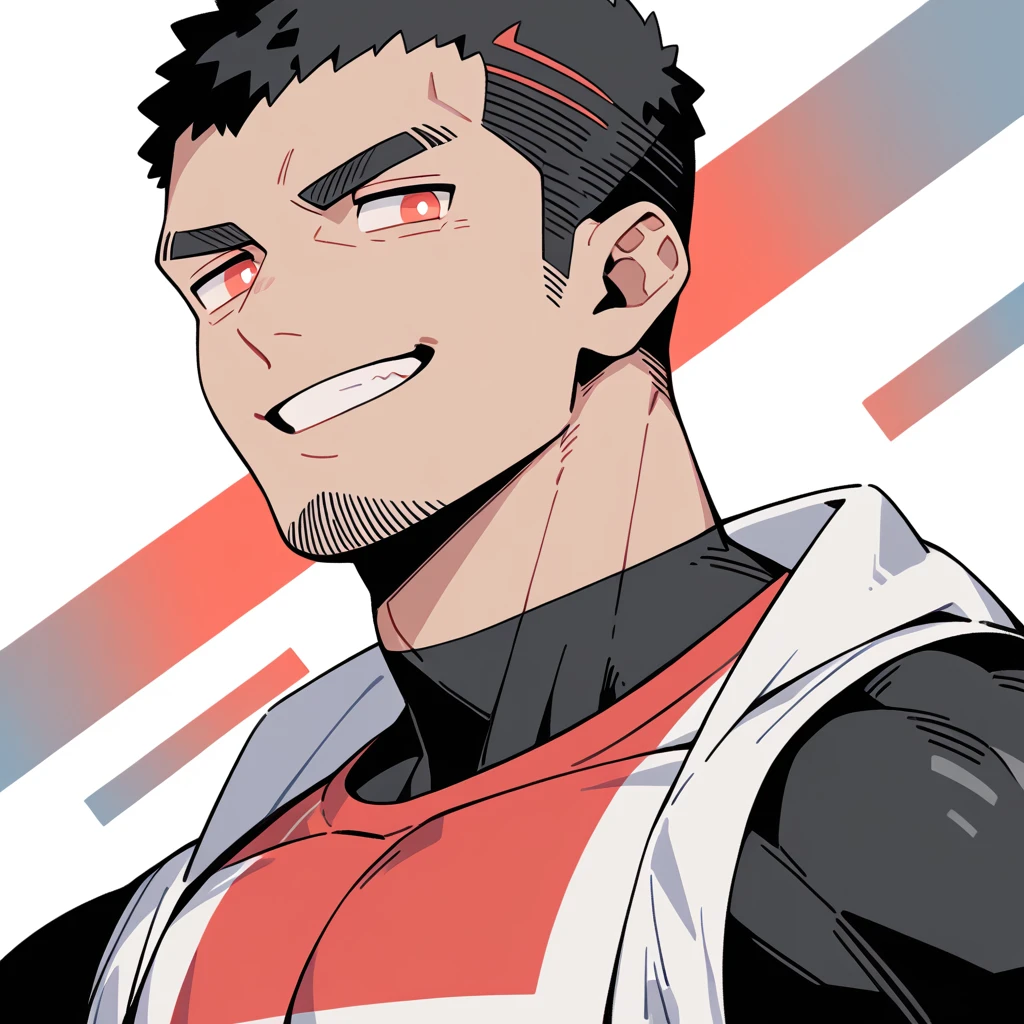 anime characters:Negro Priapus, Dark Black Skin Muscle Sports Student, Buzz Cut, Manliness, male focus, Sports tight hooded sweatshirt, Wear a high-necked tights underneath, Very tight, full and perky chest muscles, muscular male, muscular, only, Upper body, alone, Red short hair, Thick eyebrows, stubble, Brown-red pupils, White background, simple background, amazing quality, best aesthetics, Ridiculous, crew cut, smirk, bright pupils, grin, negative space, negative space, best quality