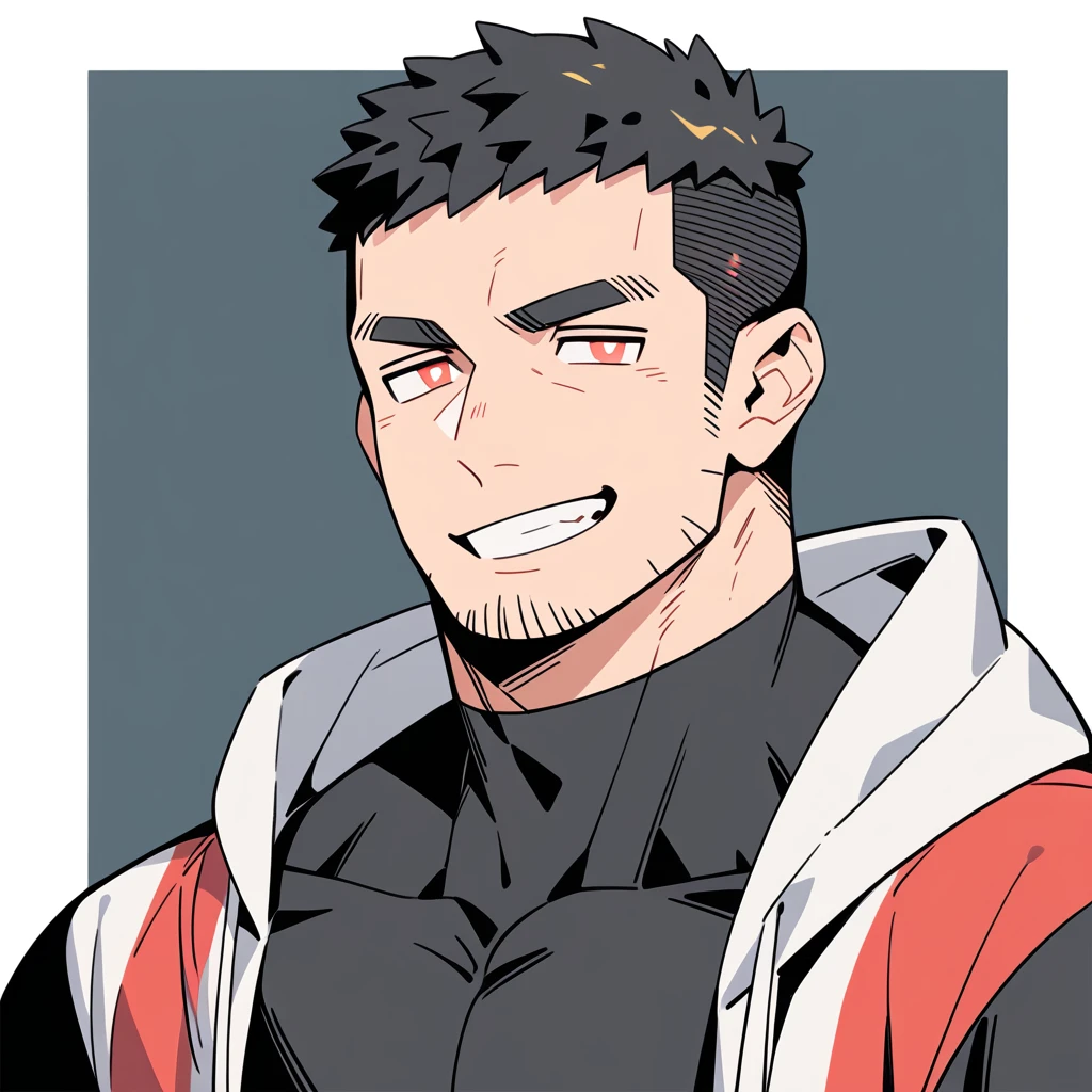 anime characters：Negro Priapus, Dark Black Skin Muscle Sports Student, Buzz Cut, Manliness, male focus, Sports tight hooded sweatshirt, Wear a high-necked tights underneath, Very tight, full and perky chest muscles, muscular male, muscular, only, Upper body, alone, Red short hair, Thick eyebrows, stubble, Brown-red pupils, White background, simple background, amazing quality, best aesthetics, Ridiculous, crew cut, smirk, bright pupils, grin, negative space, negative space, best quality