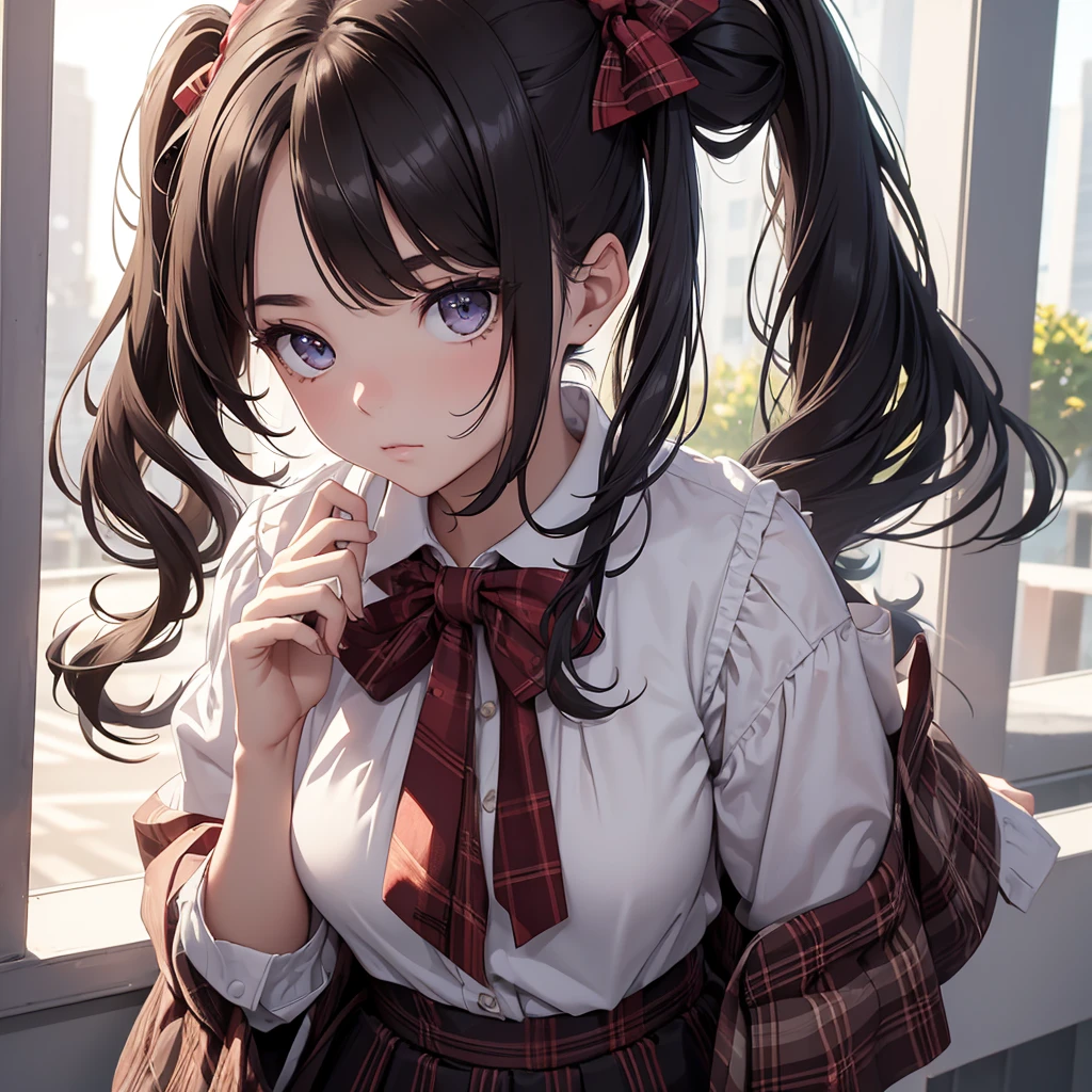 (8K, Best Quality, Masterpiece, Ultra High Resolution) 1Girl, Young, , High School Student, Beautiful Eyes, Face Details, Dark Hair, Long Hair, Straight Pigtails, Hazel Eyes, Pale Skin, Dainty, Cute, Blouse, Plaid Skirt, Dark Outside, Best Quality, Upper Body, Looking at the Viewer, Facing Viewer, Close Up