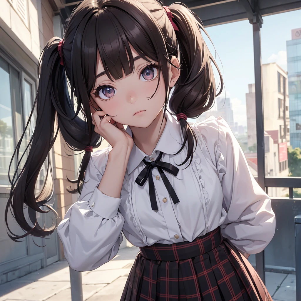 (8K, Best Quality, Masterpiece, Ultra High Resolution) 1Girl, Young, , Highautiful Eyes, Face Details, Dark Hair, Long Hair, Straight Pigtails, Hazel Eyes, Pale Skin, Dainty, Cute, Blouse, Plaid Skirt, Dark Outside, Best Quality, Upper Body, Looking at the Viewer, Facing Viewer, Close Up