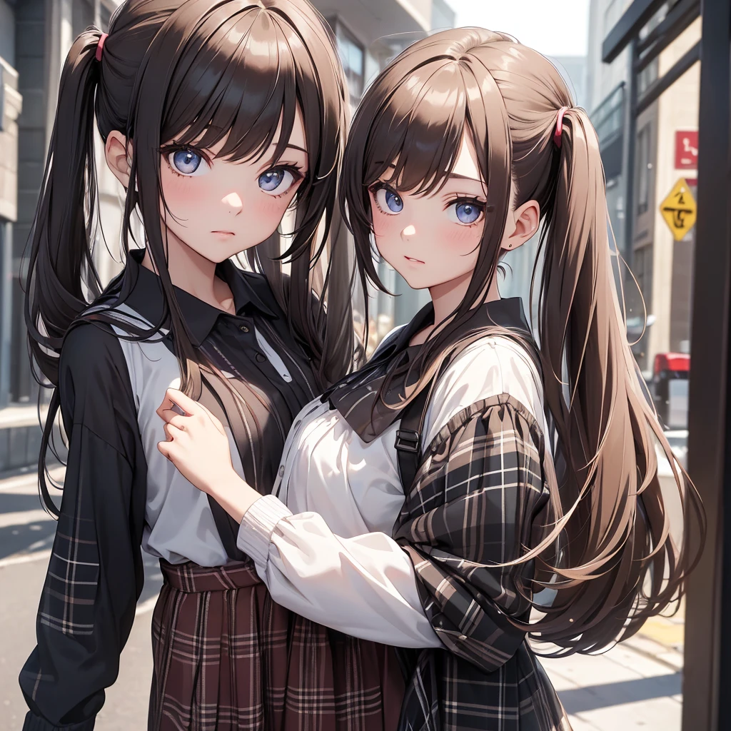 (8K, Best Quality, Masterpiece, Ultra High Resolution) 1Girl, Young, Teen, High School Student, Beautiful Eyes, Face Details, Dark Hair, Long Hair, Straight Pigtails, Hazel Eyes, Pale Skin, Dainty, Cute, Blouse, Plaid Skirt, Dark Outside, Best Quality, Upper Body, Looking at the Viewer, Facing Viewer, Close Up
