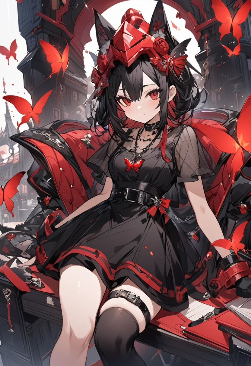 unexpressive,,(black fantasy),((marvelous illustration)),(Splash of details), long black hair, red students, Kizi, sheer black dress, only the collar, cuffs and skirt are dark red, ears Attached to the side is a red butterfly buckle, work of art, best qualityer, high qualiy, helmet,, red and black crystal necklace, black knee high socks