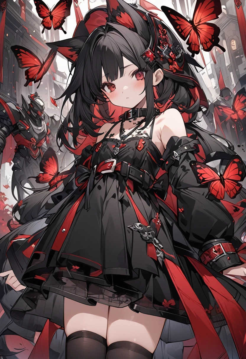 unexpressive,,(black fantasy),((marvelous illustration)),(Splash of details), long black hair, red students, Kizi, sheer black dress, only the collar, cuffs and skirt are dark red, ears Attached to the side is a red butterfly buckle, work of art, best qualityer, high qualiy, helmet,, red and black crystal necklace, black knee high socks