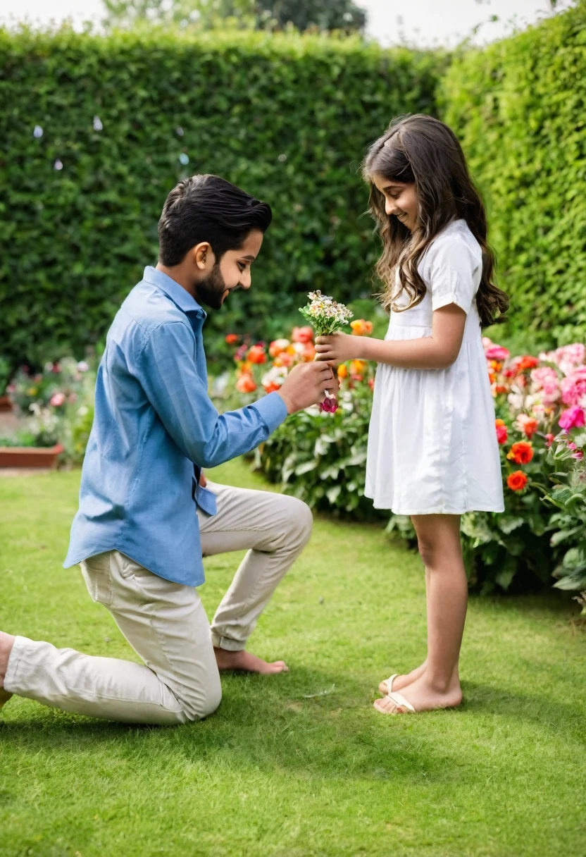 A young boy proposing a young girl in a garden, boy is on his knees and girl stand , proposing with flowers in one hand and in second hand there is ring hidden back, the name of boy shirt is Asad Khan, and the name of girl shirt is shahadat 