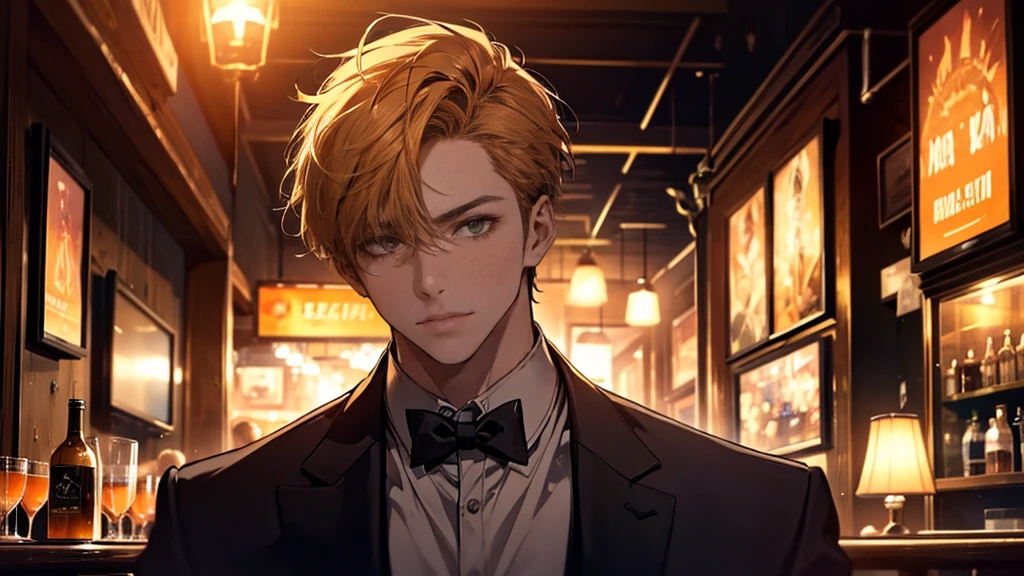 High end jazz bar, high resolution, extra sharp, 8ก, Masterpiece, orange light,man,short hair,black,handsome,Face details