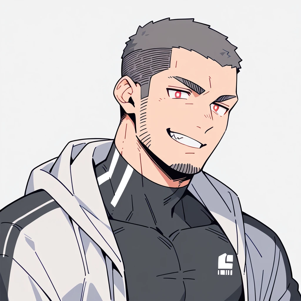 anime characters:Priapus, Dark Grey Skin Muscle Sports Student, Buzz Cut, Manliness, male focus, Sports tight hooded sweatshirt, Wear a high-necked tights underneath, Very tight, full and perky chest muscles, muscular male, muscular, only, Upper body, alone, Red short hair, Thick eyebrows, stubble, Brown-red pupils, White background, simple background, amazing quality, best aesthetics, Ridiculous, crew cut, smirk, bright pupils, grin, negative space, negative space, best quality