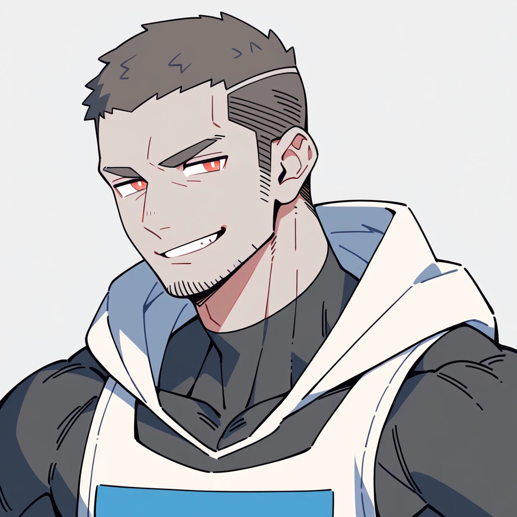 anime characters:Priapus, Dark Grey Skin Muscle Sports Student, Buzz Cut, Manliness, male focus, Sports tight hooded sweatshirt, Wear a high-necked tights underneath, Very tight, full and perky chest muscles, muscular male, muscular, only, Upper body, alone, Red short hair, Thick eyebrows, stubble, Brown-red pupils, White background, simple background, amazing quality, best aesthetics, Ridiculous, crew cut, smirk, bright pupils, grin, negative space, negative space, best quality