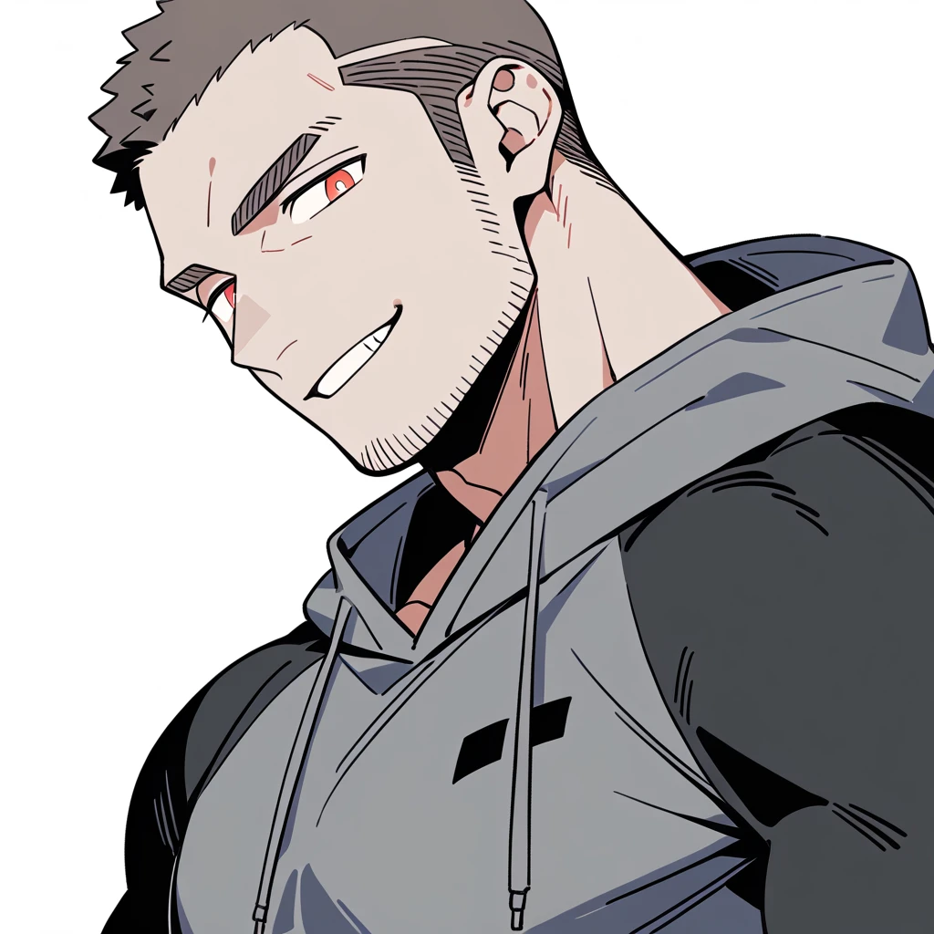 anime characters:Priapus, Dark Grey Skin Muscle Sports Student, Buzz Cut, Manliness, male focus, Sports tight hooded sweatshirt, Wear a high-necked tights underneath, Very tight, full and perky chest muscles, muscular male, muscular, only, Upper body, alone, Red short hair, Thick eyebrows, stubble, Brown-red pupils, White background, simple background, amazing quality, best aesthetics, Ridiculous, crew cut, smirk, bright pupils, grin, negative space, negative space, best quality