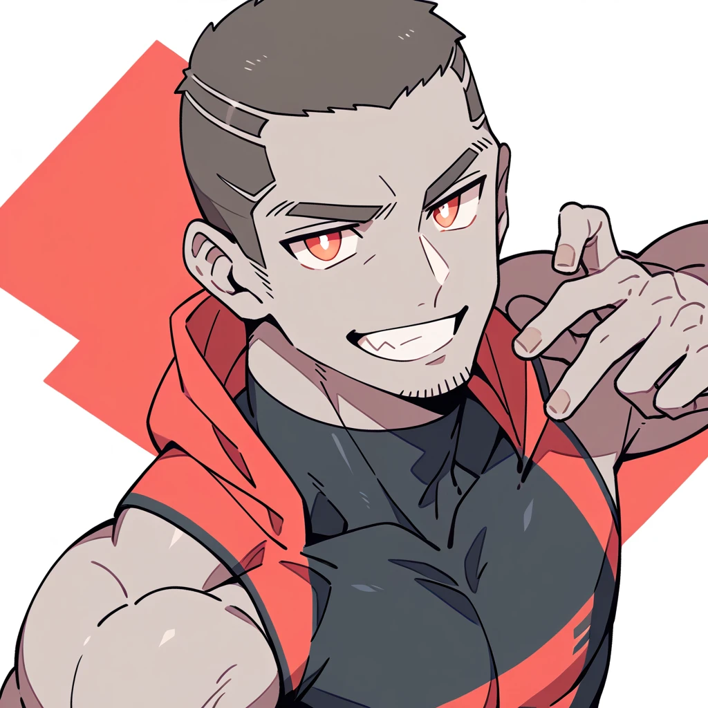 anime characters:Priapus, Dark Grey Skin Muscle Sports Student, Buzz Cut, Manliness, male focus, Sports tight hooded sweatshirt, Wear a high-necked tights underneath, Very tight, full and perky chest muscles, muscular male, muscular, only, Upper body, alone, Red short hair, Thick eyebrows, stubble, Brown-red pupils, White background, simple background, amazing quality, best aesthetics, Ridiculous, crew cut, smirk, bright pupils, grin, negative space, negative space, best quality
