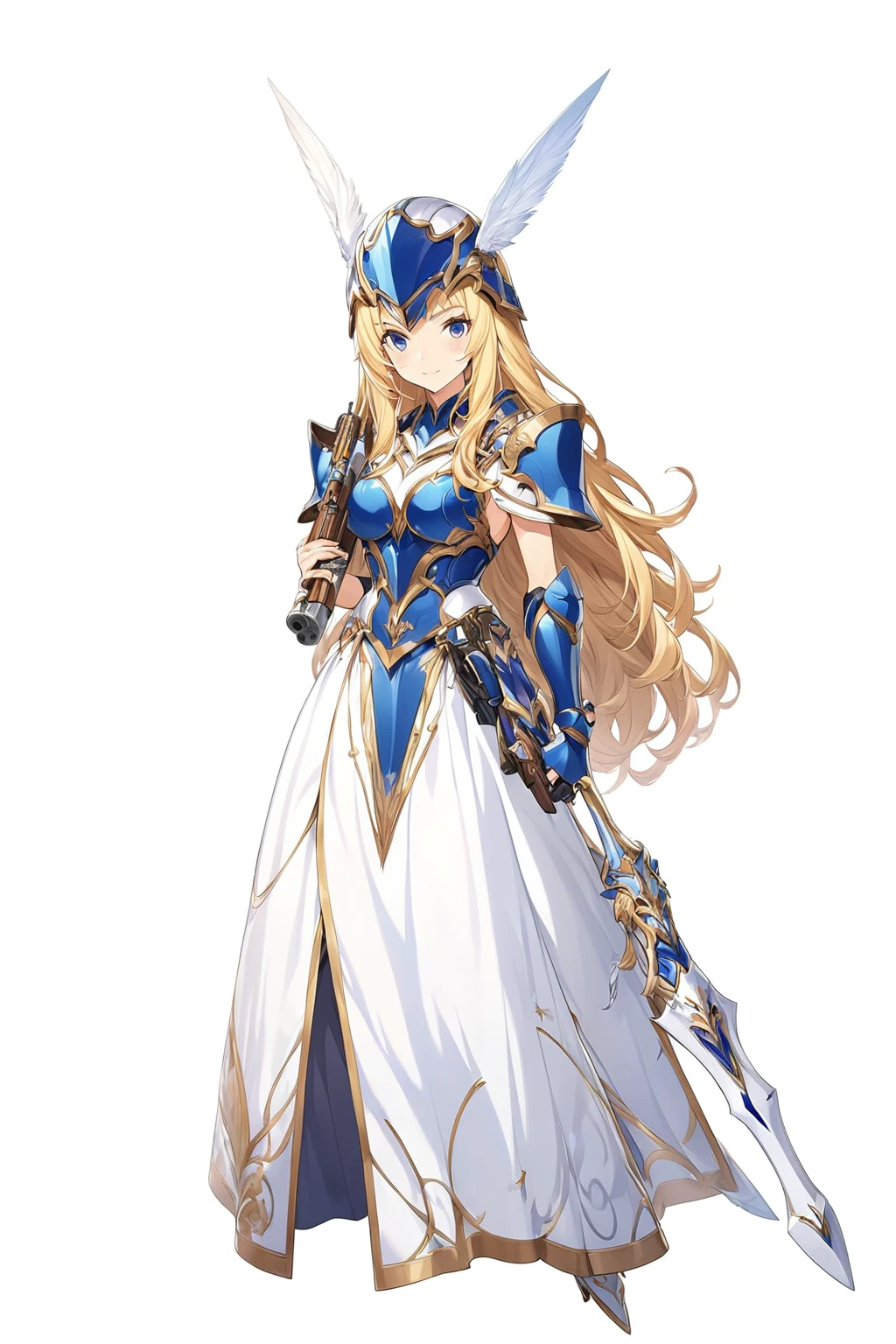high quality, high resolution, high qualityのゲームアートスタイル, whole body,valkyrie,perfect hand,Official Art, Smooth game CG art, Visual Novel Sprites, White background,Smooth game CG art, (((Woman with a gun))),Woman wearing a white dress and blue armor, An intricately designed helmet with white feathers,Small shield, (((In his right hand he holds an elaborate spear))),Exquisite Blue Armor,Golden Hair, long hair, female knight, Rin々Shii,Large Bust,20-year-old,
