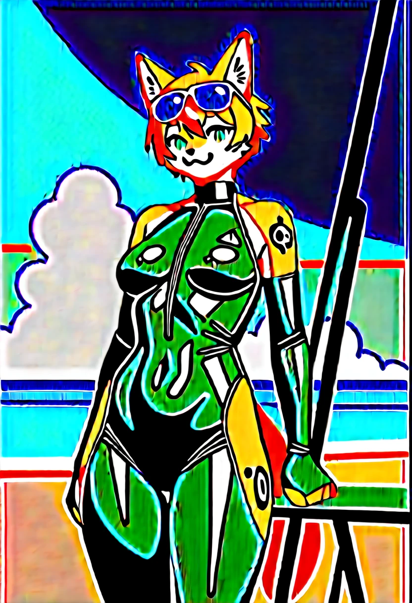 Highest quality, Highest quality, High quality illustrations, masterpiece, Ultra-high resolution, Detailed Background, beach, Absurd, Perfect Anatomy, performance, Good lighting, Shadows in the movies(kemono, Furry Personifi猫ion), latex, neon, neonカラー, cyber punk, Wetsuits, sunglasses, Tattoo, Lie on a beach chair, Dynamic Angle