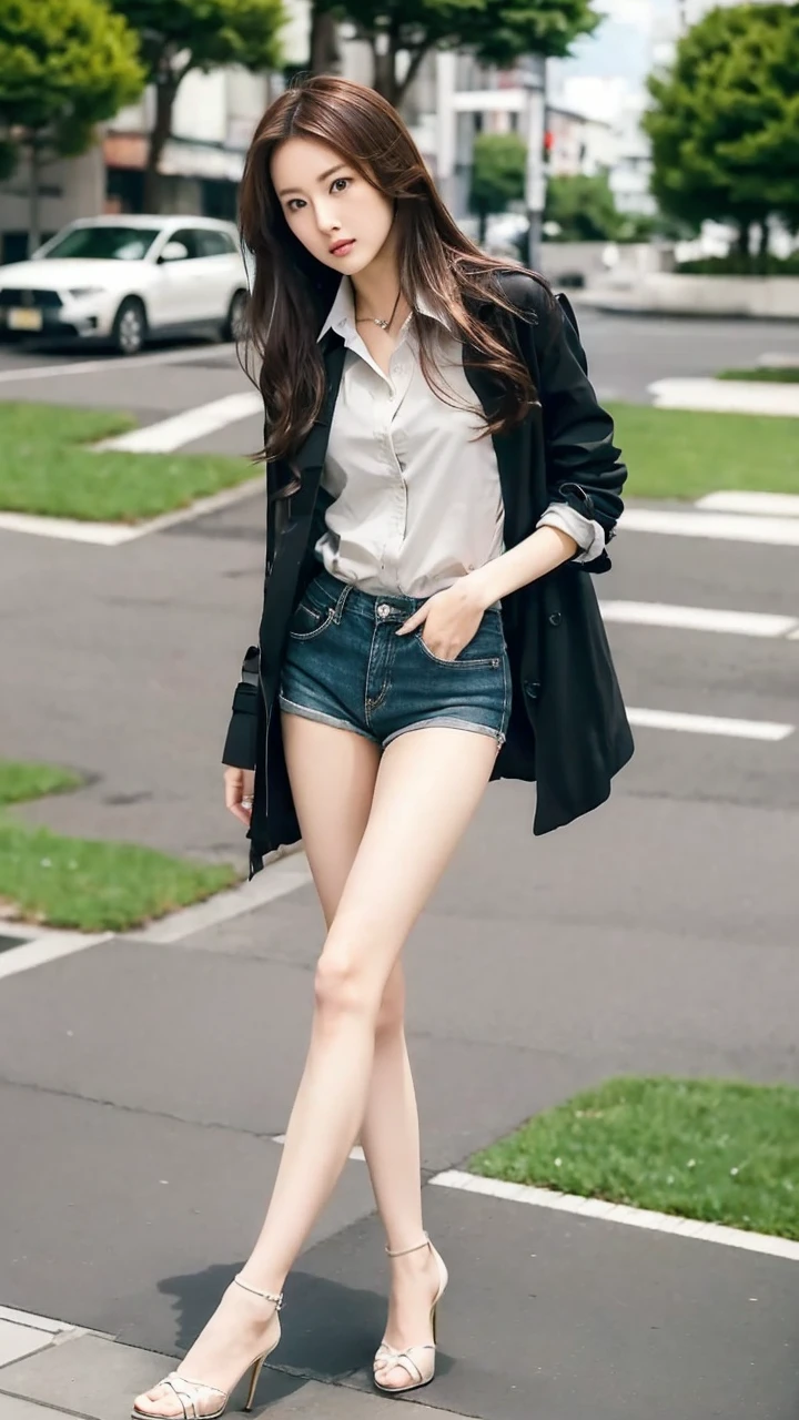 Japanese woman, beautiful face, long hair, white Y-shirt, black trench coat, マイクロショートパンツ, tall, beautiful legs, bare legs, stiletto heels, model pose