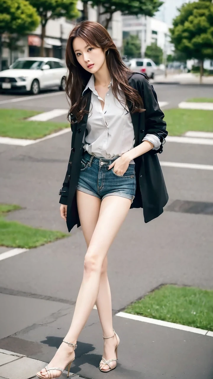 Japanese woman, beautiful face, long hair, white Y-shirt, black trench coat, マイクロショートパンツ, tall, beautiful legs, bare legs, stiletto heels, model pose