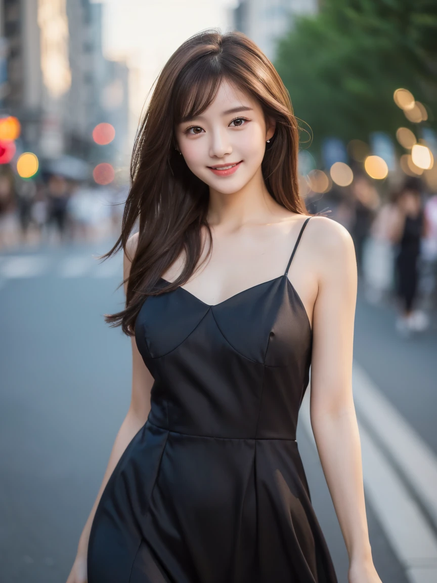 ((best quality, 8k, masterpiece :1.3)), 1 girl, smiling, whole body, face slimming, pretty Woman, (Dark brown hair), full length dress :1.1, Super detailed faces, delicate eyes, double eyelids, blurred background, face slimming, City, external, street,