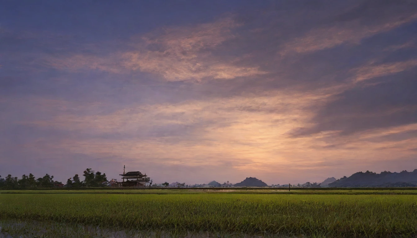 evening,Rural landscape,Azemichi,Paddy field,Highest quality, 8k, High resolution, masterpiece:1.2, Very detailed, Realistic:1.37, High resolution, 超High resolution, Very detailed, Professional, Vibrant colors