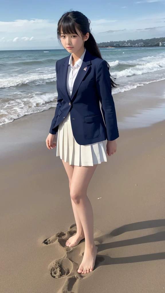 Japanese 18 year old high school girl、Navy blue blazer uniform、Navy blue pleated ite standing barefoot on the beach