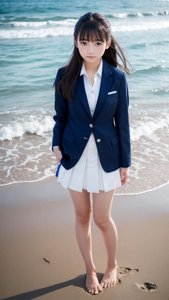 Japanese 18 year old high school girl、Navy blue blazer uniform、Navy blue pleated ite standing barefoot on the beach