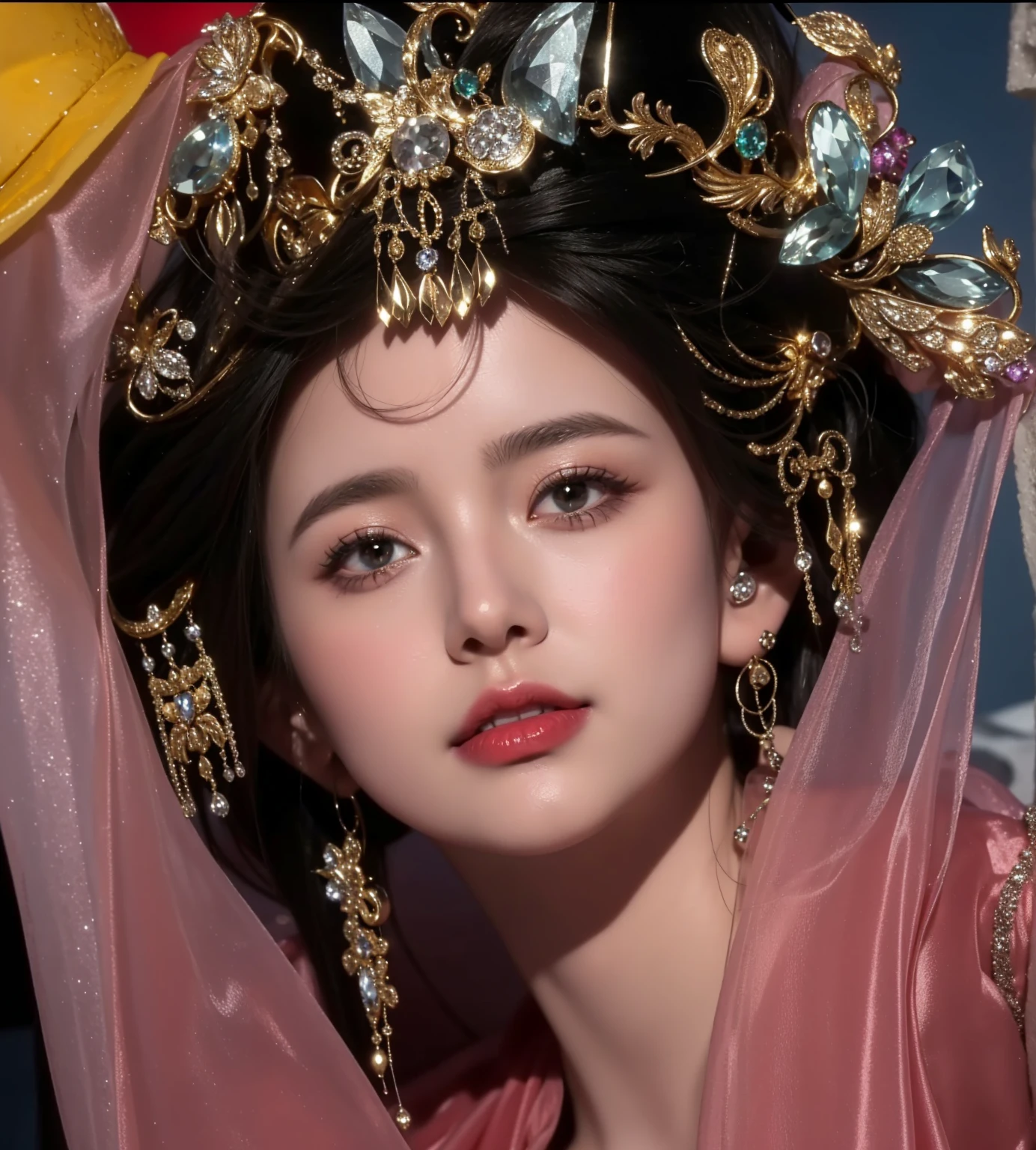 Very detailed, Delicate face, Photorealistic style, Stock Photography ,  Colorful, Surrealism, Realistic textures, Dramatic Lighting, Distiller 800  (8K, original photo, Better quality, masterpiece: 1.2), Very detailed, (Extremely delicate skin: 1.2), 8k Ultra HD, SLR camera, Soft Light, high quality， Frozen queen,, Snow Castle，Blue pupils，Wear red lipstick，Tattoo Queen，Gorgeous clothing，Gemstones, diamonds, gold jewelry，8K quality，Princess