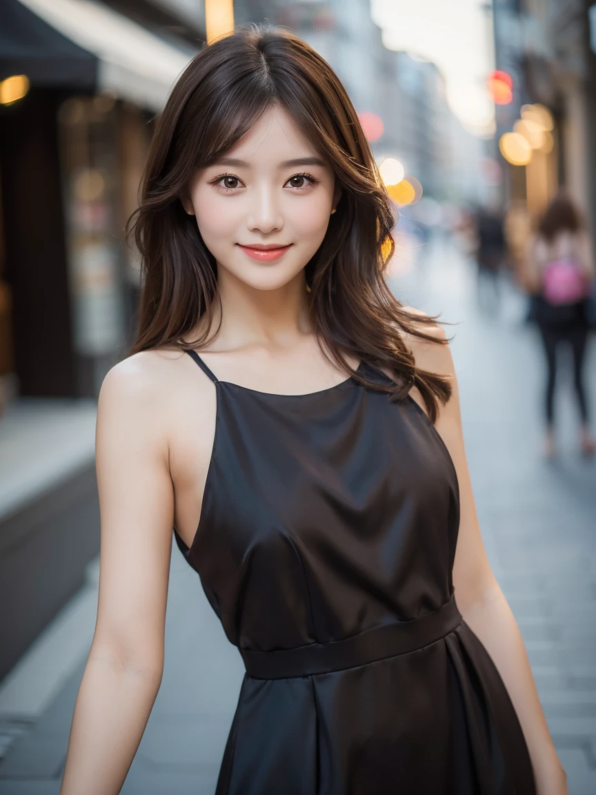 ((best quality, 8k, masterpiece :1.3)), 1 girl, smiling, whole body, face slimming, pretty Woman, (Dark brown hair), full length dress :1.1, Super detailed faces, delicate eyes, double eyelids, blurred background, face slimming, City, external, street,