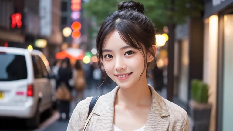 Produce the highest quality and highest resolution 8K images。Please draw the upper body of a 20 year old Japanese woman.。Please draw a picture of a walk through the city at night.。She has brown eyes and a model-like figure、She has an idol-level cute face.。Her hair is in a bun.。Clothes、Dressed in stylish office casual wear。The skin is、It is a natural skin color。she、Looking at you with a smile。