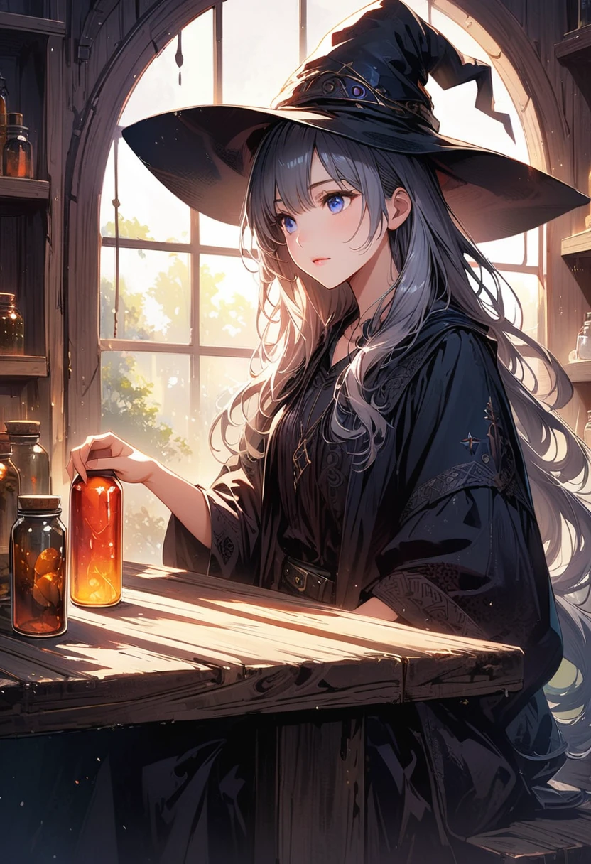 (Very detailedなCG、Unity、8k wallpaper)、(Very delicate and beautiful)、(masterpiece)、(Highest quality:1.0)、(超High resolution:1.0)、Beautiful lighting、Perfect Lightning、Realistic Shadows、[High resolution]、Detailed skin、Very detailed、Detailed face and eyes、Realistic eyes、blue eyes、Floats on water、Gray Hair、A beautiful anime-style illustration of a young witch in her alchemy room. The witch has long, flowing hair and is wearing a large, wide-brimmed hat adorned with intricate details. She is dressed in traditional witch attire with detailed patterns and symbols. She is carefully mixing potions with various colorful liquids in glass bottles on a wooden table. The room is filled with shelves holding various jars, bottles, and mystical ingredients. A black cat sits attentively beside her, watching her work. soft, warm sunlight filters through a large window, casting a gentle glow over the scene. Dust particles are visible in the light, adding to the magical atmosphere. The background is a rustic, wooden interior with a cozy and mystical ambiance.