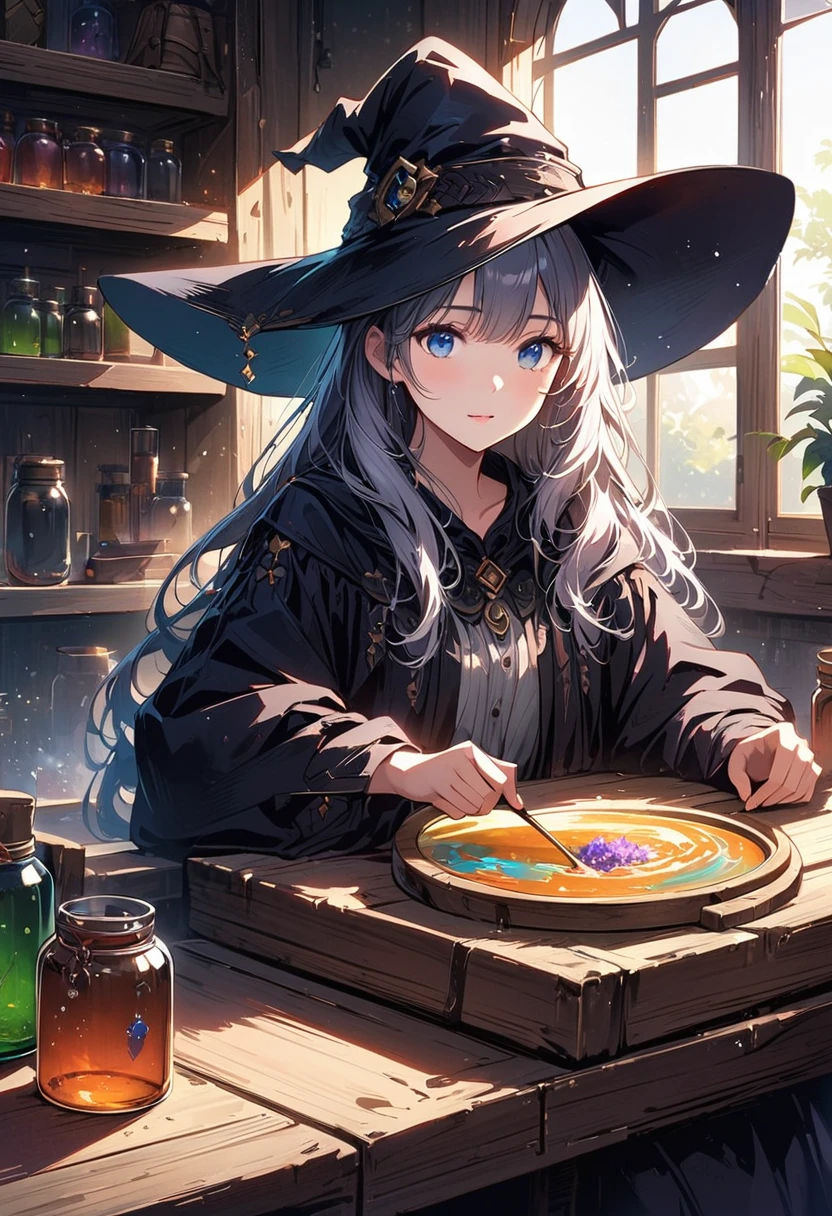 (Very detailedなCG、Unity、8k wallpaper)、(Very delicate and beautiful)、(masterpiece)、(Highest quality:1.0)、(超High resolution:1.0)、Beautiful lighting、Perfect Lightning、Realistic Shadows、[High resolution]、Detailed skin、Very detailed、Detailed face and eyes、Realistic eyes、blue eyes、Floats on water、Gray Hair、A beautiful anime-style illustration of a young witch in her alchemy room. The witch has long, flowing hair and is wearing a large, wide-brimmed hat adorned with intricate details. She is dressed in traditional witch attire with detailed patterns and symbols. She is carefully mixing potions with various colorful liquids in glass bottles on a wooden table. The room is filled with shelves holding various jars, bottles, and mystical ingredients. A black cat sits attentively beside her, watching her work. soft, warm sunlight filters through a large window, casting a gentle glow over the scene. Dust particles are visible in the light, adding to the magical atmosphere. The background is a rustic, wooden interior with a cozy and mystical ambiance.