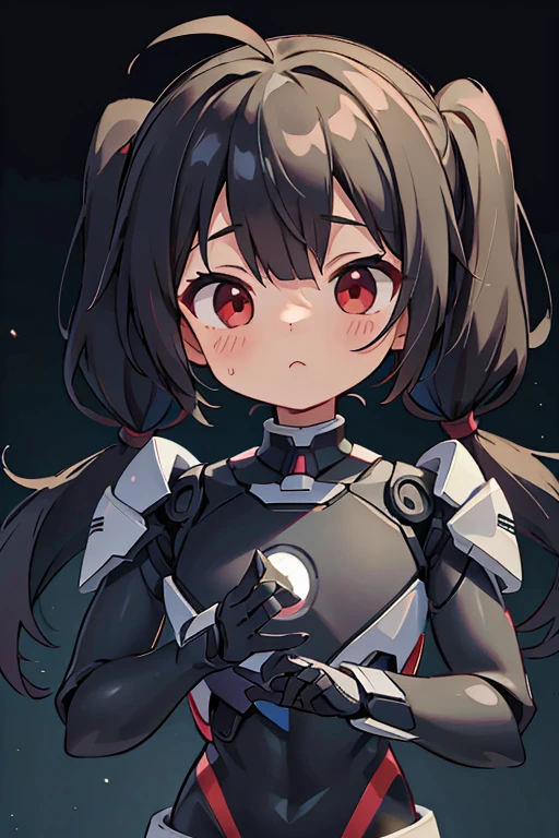 Primary school students ,Young Girl,,Height: 130cm,Character portrait,Simple design,Black hair okata,Hair is black,Red eyes,Shoulder Bare,Ahoge,Kokeshi,Deformation,Mini character,Confused eyes,Pitch Resuit,Perfect Suit,Perfect costume,Yoga Suit,Robot Joint , Robot shoulder,Plug Suit,Spacesuit,Character portrait、whole body,front図,front,Helmet,Full Face,Wearing a mask,Pigtails