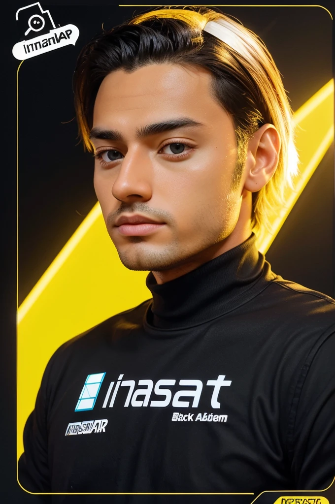 Create a 3d illustration Instagram profile on glass id card on a black desk displaying Instagram logo and realistic profile photo of a adult boy in circle and '*******' and **** followers written clearly in large fonts under the profile photo, the Instagram card is glowing in yellow color on the edge.