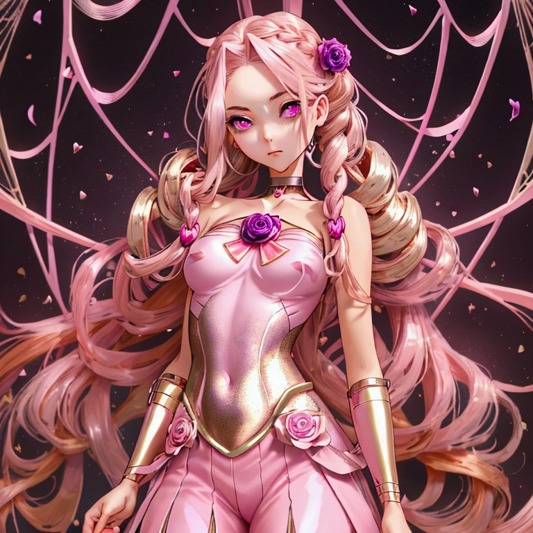 Anime-style girl with (((deep magenta eyes and long, wavy pink hair))) ((styled in an elegant French braid)). (((She is slender, and , with small breasts))). wearing a (((pink, gold, and rose gold color magical girl-themed outfit.))) ((The outfit features a spider and spider web theme.)) The overall look is regal and ethereal, with magical glowing effects. cutesexy, , a hyperrealistic , hyperrealistic , realistic , seductive (anime girl), smooth anime cg art, beautiful alluring anime , ((magical girl)), (masterpiece), best quality, expressive eyes, perfect face ((Highest quality))、((8K))、(((8k wallpaper))) ultra detailed, masterpiece, best quality, solo