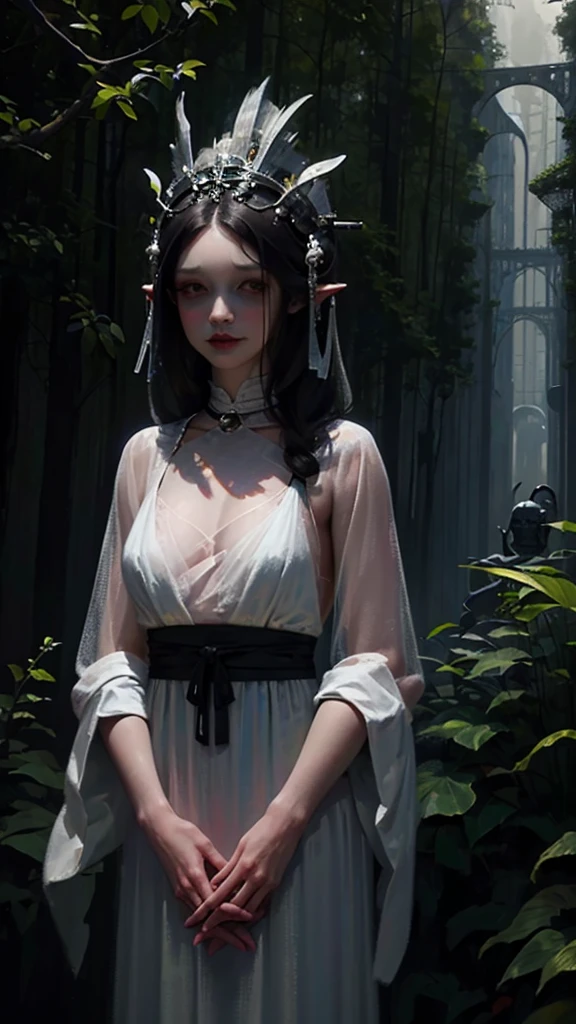 ghostly female figure with an unnaturally wide, creepy grin and completely black eyes. The figure has long dark hair and is wearing a white dress or gown. The background suggests a forest setting with blurred foliage