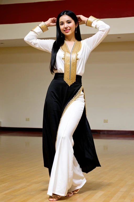Woman white skin very long straight black hair , Mexican In Dubai Arabic dance class